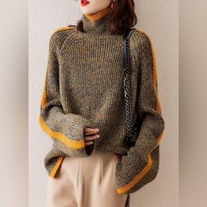Autumn Knitted Sweater Loose Pullover Long Sleeve Turtleneck Brown Oversized OS